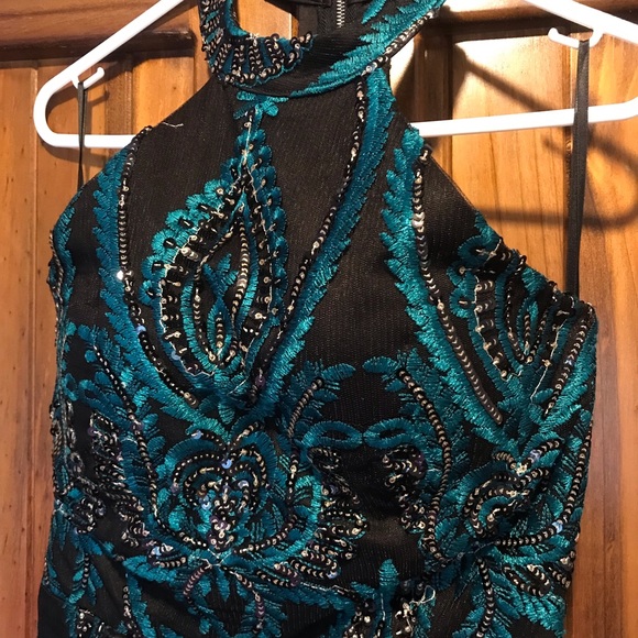 Elle Zeitoune Midi Beaded Evening Dress with Fringe Blue Green Black Gown Size 6 - Picture 3 of 6